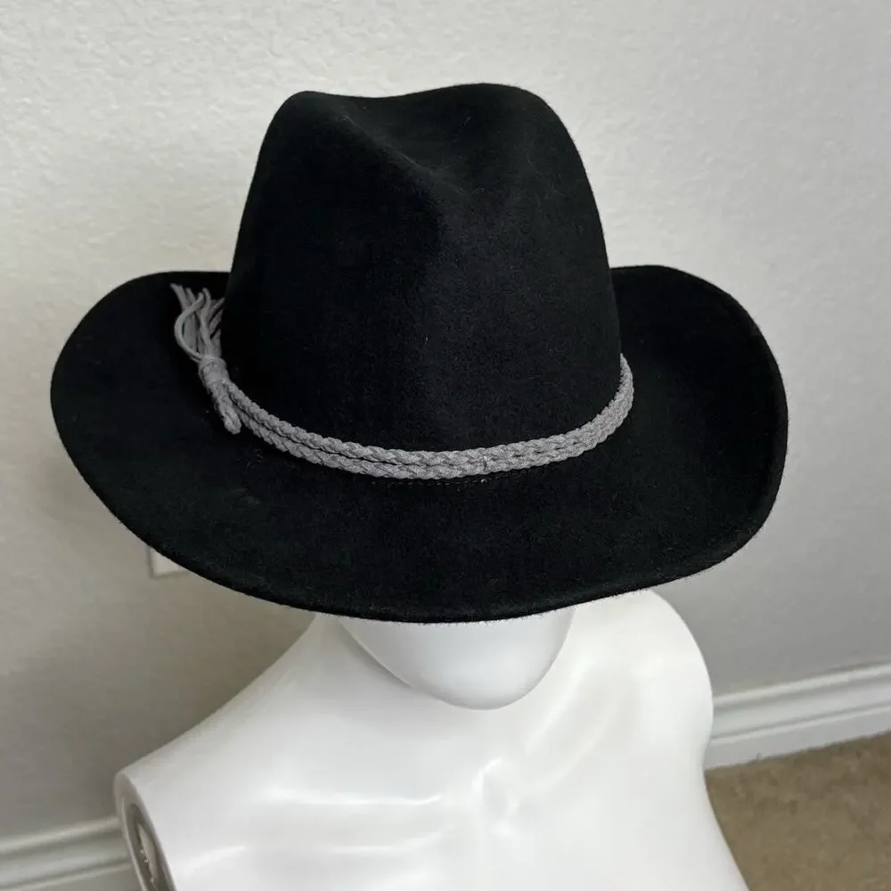 Vintage Y2K Lucky Brand Wool Fedora Hat Braided Fringe Leather Band Black